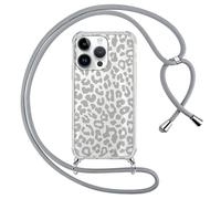 ZhuoFan Custodia con Cordino per iPhone 15 Pro Max 6,7", Trasparente Aesthetic Modello Leopardo Disegni Cover con Collana Grigio Antiurto Case Regolabile Cellulare Girocollo per Femmina, 04