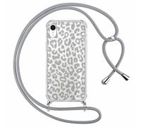 ZhuoFan Custodia con Cordino per iPhone XR 6,1", Trasparente Aesthetic Modello Leopardo Disegni Cover con Collana Grigio Antiurto Case Regolabile Cellulare Girocollo per Femmina, 04