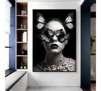ZHUOYA Bella farfalla sul viso di una giovane donna in foto in bianco e nero di notte, dipinto su tela, decorazione da parete, ritratto in camera, 80x120 cm, senza cornice