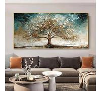 ZHUOYA Elegante dipinto su tela astratto con albero invernale in oro e blu, ricco paesaggio, arte murale per la decorazione della stanza, poster di alberi di alta qualità (70x140 cm/senza cornice)