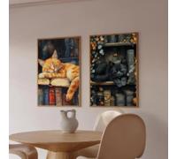 ZHUOYA Poster con gatto carino e libro, dipinto su tela, moderno, per soggiorno, camera da letto, sala giochi, bar, club, decorazione artistica moderna per la casa, 60x90cmx2 senza cornice