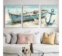 ZHUOYA Quadro su tela da parete, 3 pezzi - Scena nautica contemporanea sulla spiaggia con barca blu e ancora, decorazione per interni/esterni per soggiorno (40 * 60x3 cm/senza cornice)