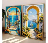 ZHUOYA Stampa artistica da parete con paesaggio astratto, paesaggio di città sul mare, per camera da letto, soggiorno, arredamento per la casa, dipinto su tela moderno 70x110cmx2 senza cornice