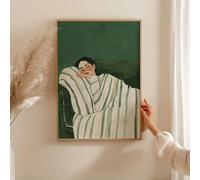 ZHUOYA Stampa su tela con donna a strisce verdi che legge e beve caffè, donna astratta sdraiata, poster da parete, arredamento moderno per soggiorno (65X130CM/senza cornice)