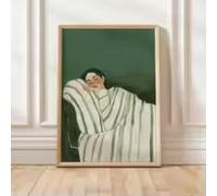 ZHUOYA Stampa su tela con donna a strisce verdi che legge e beve caffè, poster da parete astratto con donna sdraiata, arredamento moderno per soggiorno (70x90 cm/senza cornice)