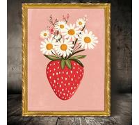 ZHUOYA Stampe su tela con illustrazione di fragole e margherite, poster, stampe artistiche rosa, minimalismo moderno, decorazione per camera da letto e cucina (50x70 cm)