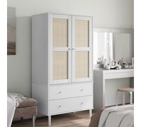 Ziaphsol Armadio SENJA in Legno di Pino Bianco Effetto Rattan 90x55x175 cm 2 Cassetti 4 Scomparti Spazio Camera da Letto Spogliatoio Corridoio con Supporto a Parete
