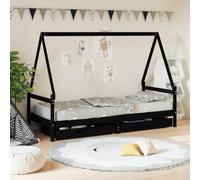 Ziaphsol Lettino per bambini con cassetti, nero, 80 x 200 cm, in legno di pino massiccio, con doghe, design a forma di casa, per la cameretta dei bambini e il letto con vano portaoggetti