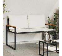 Ziaphsol Panca da giardino con cuscino, nero e bianco crema, 115 x 65 x 72 cm, in rattan, resistente ai raggi UV, resistente alle intemperie, con braccioli in acacia e struttura in acciaio, per