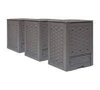 Ziaphsol Set compostiera da giardino, 3 pezzi, marrone, 60 x 60 x 83 cm, 900 l, in plastica con effetto rattan, coperchio diviso, fori di ventilazione, per foglie e taglio verde, contenitore per