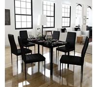 Ziaphsol Set da pranzo da 7 pezzi, nero, moderno, con vetro temperato, in similpelle, 120 x 60 x 74 cm, per cucina, sala da pranzo e soggiorno