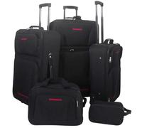 Ziaphsol Set da viaggio, 5 pezzi, nero, in poliestere con rivestimento in PVC, manico telescopico, 2 ruote, borsa da viaggio e beauty case per vacanze, viaggi aerei, treno e hotel