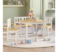 Ziaphsol Set di 4 mobili per bambini in MDF bianco e beige, tavolo 60 x 50 x 48 cm e sedie 25 x 25 x 55 cm, con cassapanca per giochi e bricolage