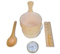 Ziaphsol Set di 5 accessori per sauna con secchio per infusione, cazzuola, clessidra e termoigrometro, impermeabile, con inserto interno, per misurare il clima della sauna e pianificare il tempo