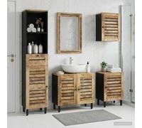 Ziaphsol Set di 5 armadietti da bagno in legno di mango naturale, montaggio a parete, con specchio, lavabo, armadietto alto, per bagno moderno