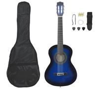 Ziaphsol Set di 8 chitarre classiche per principianti, blu, 1, 2, 34 pollici, in legno di tiglio, con custodia, tracolla, plettri, ausilio per accordatura e corde, per lezioni, esercizi ed esibizioni