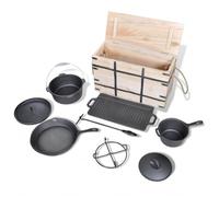 Ziaphsol Set di 9 pentole olandesi in ghisa con scatola di legno, con casseruola, padella, piastra e sollevatore di coperchio, per falò, grigliate, cucinare all'aperto