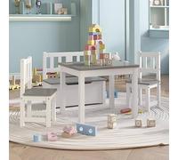 Ziaphsol Set di mobili per bambini in MDF, 4 pezzi, bianco e grigio, tavolo con sedie e panca, 60 x 50 x 48 cm, per dipingere, fai da te, pasti, tempo di gioco