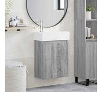 Ziaphsol Set lavabo da bagno grigio Sonoma con lavabo in ceramica, miscelatore argento e scarico push da appendere, 45,5 x 25,5 x 84 cm, spazio per WC degli ospiti, salvaspazio