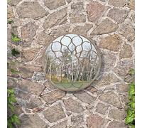 Ziaphsol Specchio da giardino rotondo in ferro color sabbia con vetro, diametro 40 x 3 cm, per esterni, montaggio a parete, design floreale decorativo per riflessi di luce