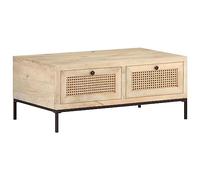 Ziaphsol Tavolino da salotto, 90 x 50 x 37 cm, legno massiccio Mango con finitura sbiancante, intreccio tubolare, tavolo rettangolare da soggiorno con spazio di archiviazione, tavolino moderno per