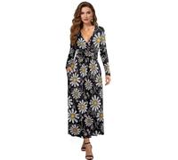ZIATUBLES Abito autunnale da donna, maxi abito a maniche lunghe, per matrimoni, feste, scollo a V, morbido abito casual con tasca, S-3XL, Margherita nera, M