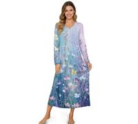 ZIATUBLES Autunno Camicie da notte da donna a lunghezza intera, a maniche lunghe, abbigliamento da notte per dormire e rilassarsi, Farfalla fiore viola, L