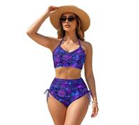 ZIATUBLES Bikini da donna, costume da bagno per controllo della pancia, con coppe rimovibili, 2 pezzi, per l'estate, XS-3XL, Teschio Fiore Viola, L