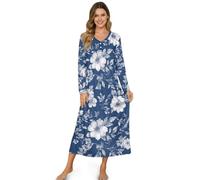 ZIATUBLES Camicia da notte autunnale da donna, a maniche lunghe, morbida, camicia da notte, abito da casa, per donna, S-4XL, Fiore blu retrò, L