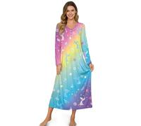 ZIATUBLES Camicia da notte da donna a lunghezza intera, con collo a Henley, camicia morbida a maniche lunghe, abbigliamento da casa, S-4XL, Sirena con stelle arcobaleno, 3XL
