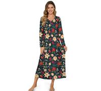ZIATUBLES Camicia da notte da donna a lunghezza intera, con collo a Henley, morbida camicia da notte per rilassarsi e dormire, Fiore di Natale., XXL