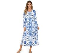 ZIATUBLES Camicia da notte da donna a lunghezza intera, con collo a Henley, morbida camicia da notte per rilassarsi e dormire, Fiore blu., S