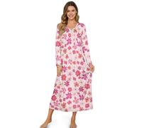 ZIATUBLES Camicia da notte da donna con collo a Henley, camicia da notte a lunghezza intera, camicia da notte morbida loungewear, S-4XL, Fiore rosa., M