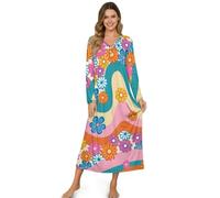 ZIATUBLES Camicia da notte da donna, morbida, lunghezza intera, camicia da notte con collo Henley, abito da casa, camicia da notte, S-4XL, Fiore Hippie Groovy, S