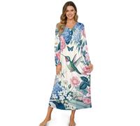 ZIATUBLES Camicia da notte da donna, morbida, lunghezza intera, camicia da notte con collo Henley, abito da casa, camicia da notte, S-4XL, Colibrì Ortensia Fiore, S
