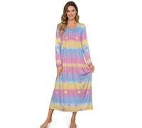ZIATUBLES Camicie da notte da donna a maniche lunghe autunno indumenti da notte abito da casa Henley collo camicia da notte da donna, Stelle colorate a righe, 3XL