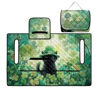 ZIATUBLES Coprisedile pieghevole per carrello da golf con stampa di trifoglio verde, con gatto nero, per un facile trasporto, 4 tasche per riporre gli asciugamani, coperta per sedili per carrelli per