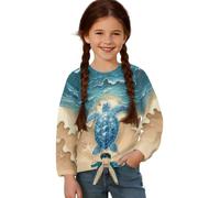 ZIATUBLES Maglietta a girocollo da ragazza, a maniche lunghe, basic top morbido casual con orlo annodato, per autunno inverno 5-12 anni, Tartaruga Spiaggia Stella, 7-8 Anni