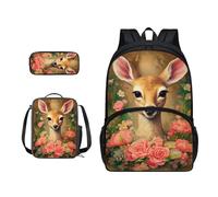 ZIATUBLES Set 3 in 1 zaino per studenti con tasca laterale, zaino da viaggio, borsa per il pranzo, astuccio per matite, zaino da giorno, Canguro Retro Rose Flower, Taglia unica