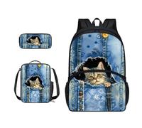 ZIATUBLES Set 3 in 1 zaino per studenti con tasca laterale, zaino da viaggio, borsa per il pranzo, astuccio per matite, zaino da giorno, Gatto Americano Texture Denim, Set di zaini per la scuola