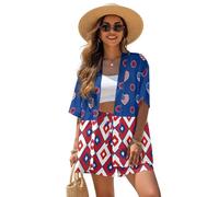 ZIATUBLES Set da donna composto da 2 pezzi, con camicia e pantaloncini aperti sul davanti, abbigliamento da spiaggia, stile casual, abbigliamento da resort per l'estate, 4 luglio USA Flag Love, L