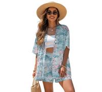 ZIATUBLES Set da donna composto da 2 pezzi, con camicia e pantaloncini aperti sul davanti, abbigliamento da spiaggia, stile casual, abbigliamento da resort per l'estate, Fiori di ciliegio retrò, M
