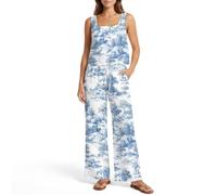 ZIATUBLES Set da donna in due pezzi per l'estate, in finto lino, top senza maniche e pantaloni a gamba larga, S-2XL, Albero blu., XL