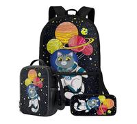 ZIATUBLES Set di 3 zaini da 17 pollici per scuola, portapranzo, astuccio per studenti, viaggi, zaino per computer portatile, Cartoon Cat Pilot, Taglia unica