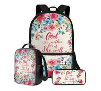 ZIATUBLES Set di 3 zaini da 17 pollici per scuola, portapranzo, astuccio per studenti, viaggi, zaino per computer portatile, Verso della Bibbia floreale retrò, Taglia unica, Set di zaini per la scuola