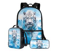 ZIATUBLES Set di 3 zaini per la scuola, borsa per il pranzo, portapenne, borsa da viaggio leggera, borsa per libri per studenti, Tigre del ghiacciaio, Taglia unica, Set di zaini per la scuola