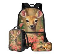 ZIATUBLES Set di 3 zaini per la scuola, borsa per il pranzo, portapenne, borsa da viaggio leggera, borsa per libri per studenti, Canguro Rose Fiore, Taglia unica, Set di zaini per la scuola