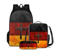ZIATUBLES Set di 3 zaini per la scuola con borsa per il pranzo e astuccio, zaino per libri universitari per studenti all'aperto, Croce vintage con bandiera tedesca, Taglia unica, Zaini Daypack
