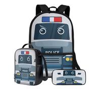 ZIATUBLES Set di 3 zaini per la scuola, portapranzo, astuccio da 17 pollici, borsa da viaggio per computer portatile, zaino casual, Carro della polizia, Taglia unica, Set di zaini per la scuola