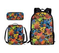 ZIATUBLES Set di zaini per la scuola per studenti, 43,2 cm, con borsa per il pranzo e astuccio per matite, zaino alla moda per attività all'aperto, Pallacanestro della pittura a, Taglia unica, Set di